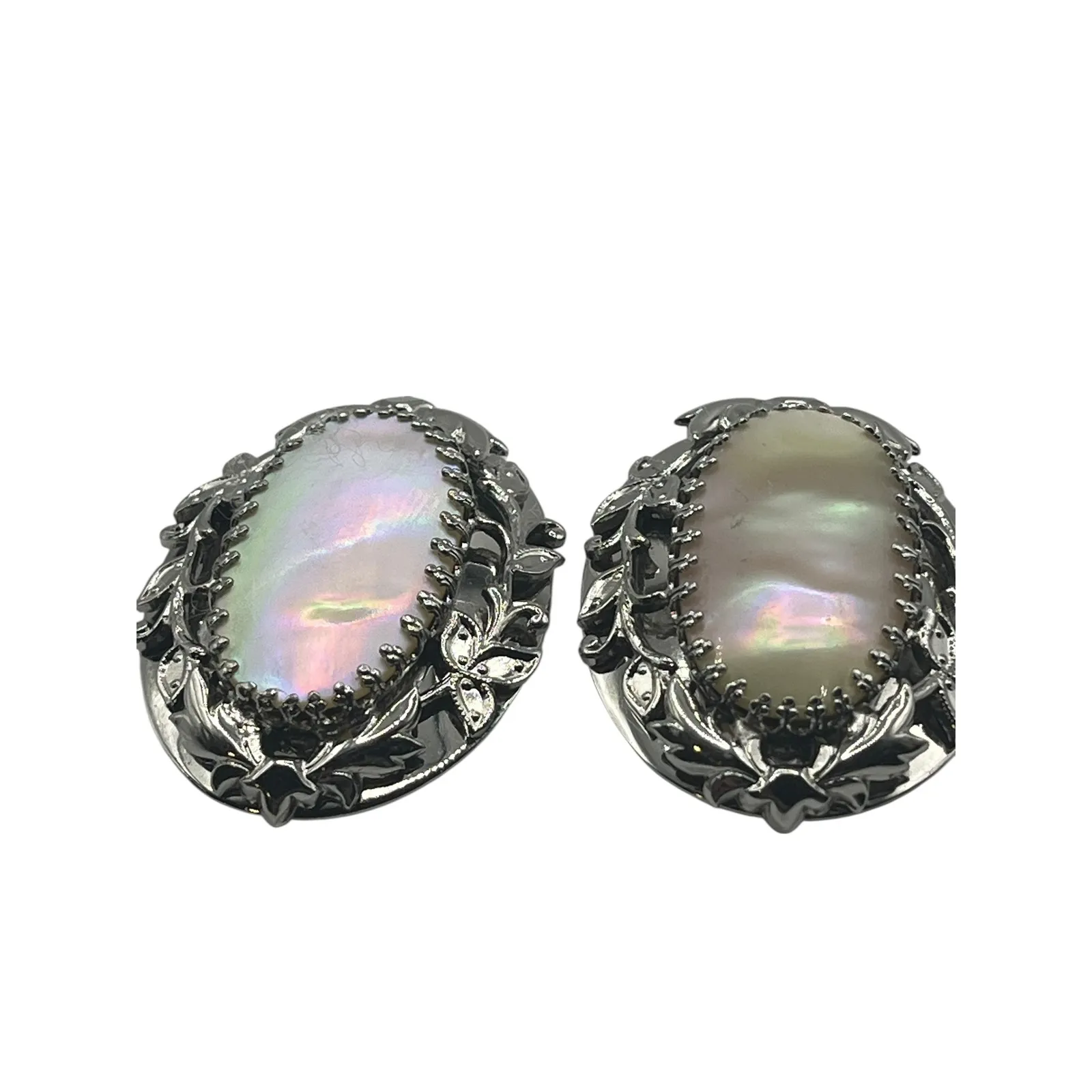 Whiting & Davis Co. VTG Clip On Earrings Faux Mother of Pearl Oval‎ Vine Frame - Image 3