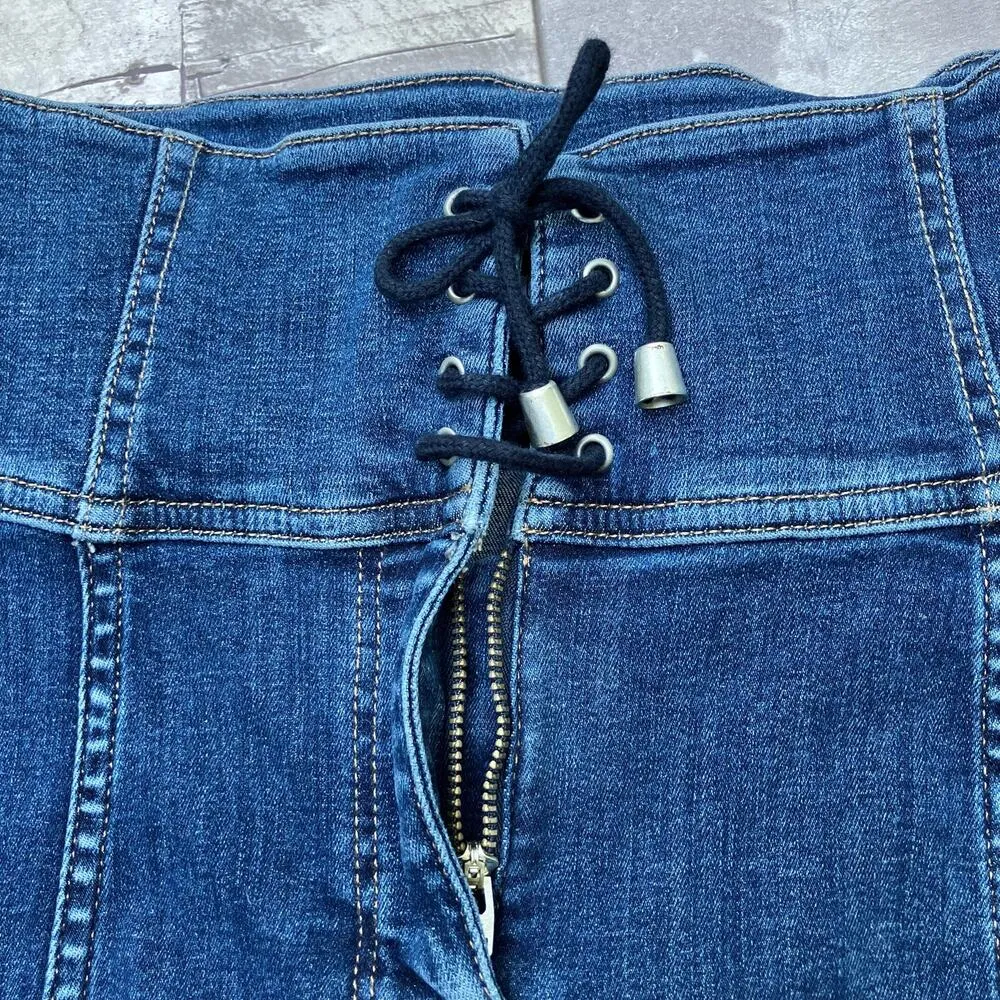 Free People Denim Mini Skirt 4 NEW Modern Femme Corset Blue Skirt Lace Up Boho - Image 8