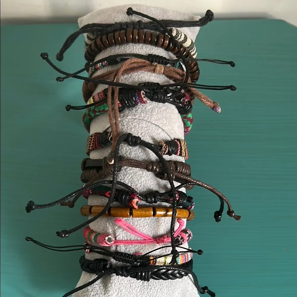 Vibrant Multicolor Wood Bead Woven Vegan Leather Bohemian Bracelets 13 Piece Set Brown - Image 2