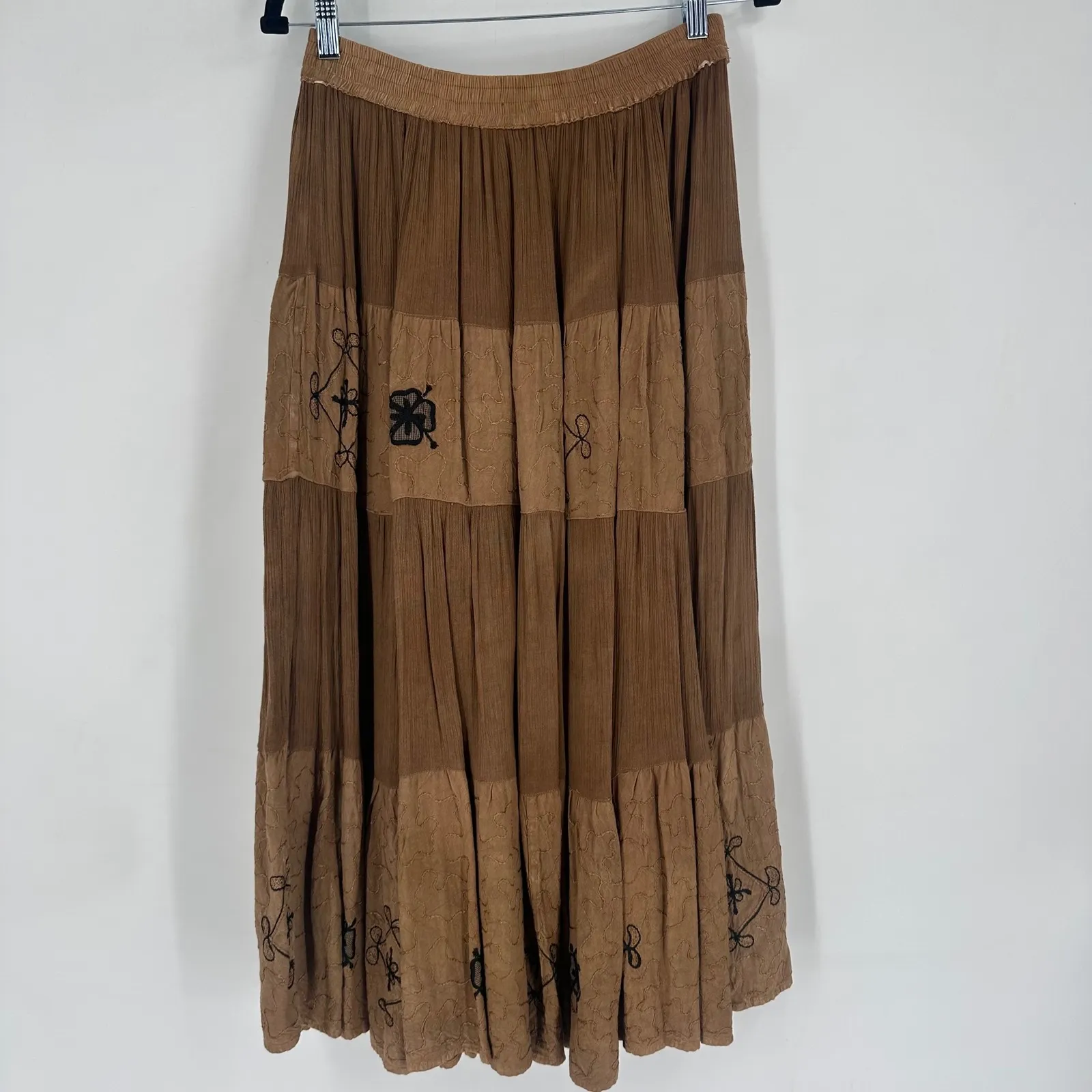 Vintage Boho Embroidered Top Maxi Skirt Brown Earth Tone Folk Cottagecore Size L - Image 12