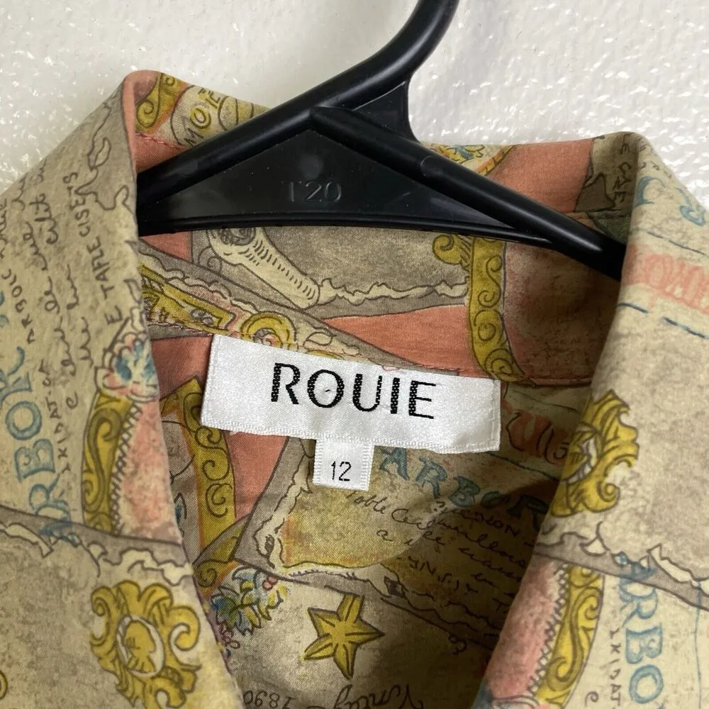 Rouie Women's Silk Blouse Size 12 Button Up Shirt Top Multi Vino Wine Print Tan - Image 9
