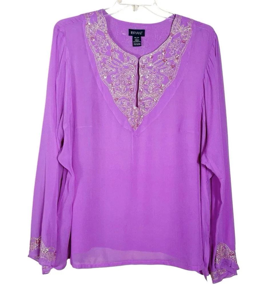 Lane Bryant Size 26/28 Purple Silk Blouse Boho Sheer Embellished Dressy Party - Image 7