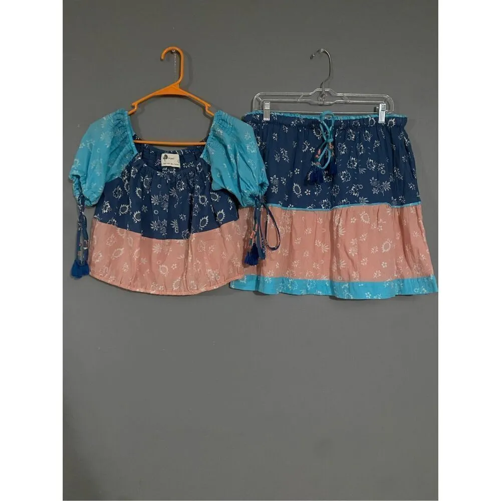 Anthropologie Kopal Women Blue Pink Mohini Skirt Boho Combo Set Size Large - Image 2