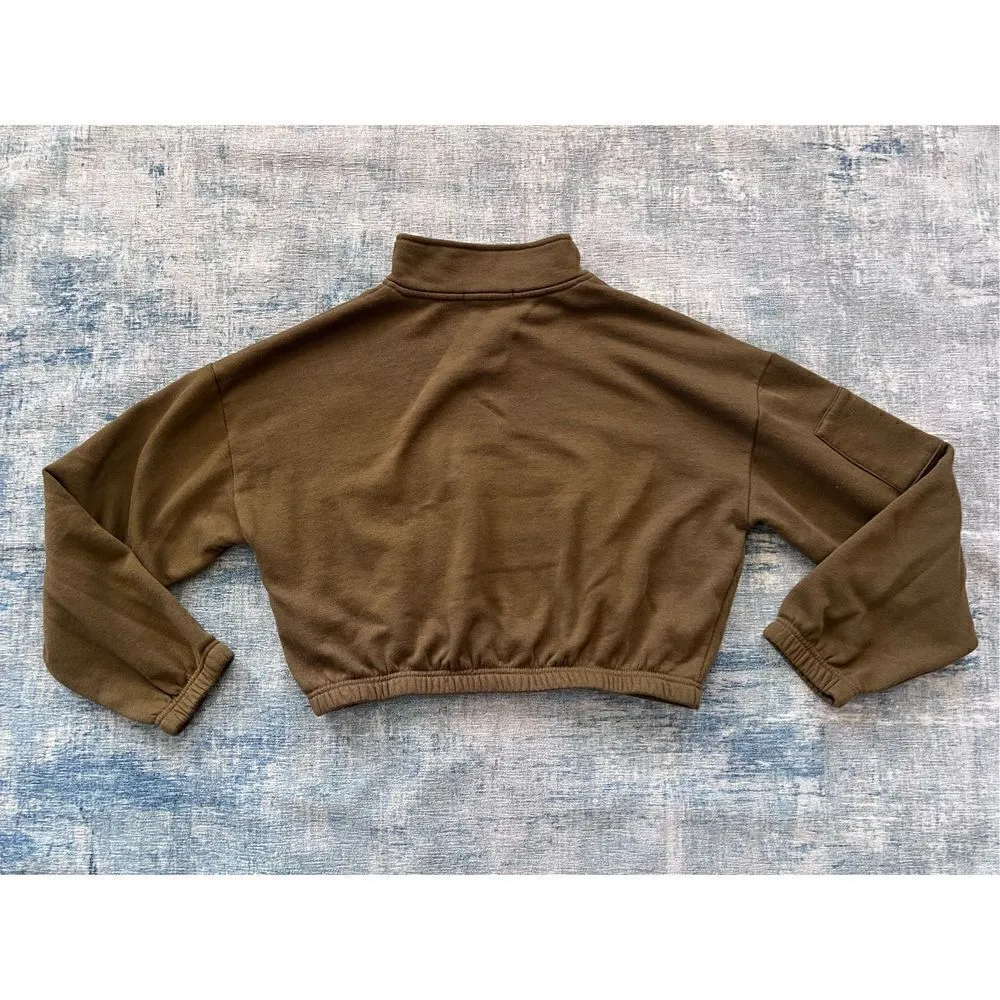 Forever 21 Olive Brown Green Half Zip Mock Neckline Cropped Sweatshirt Large - Image 2