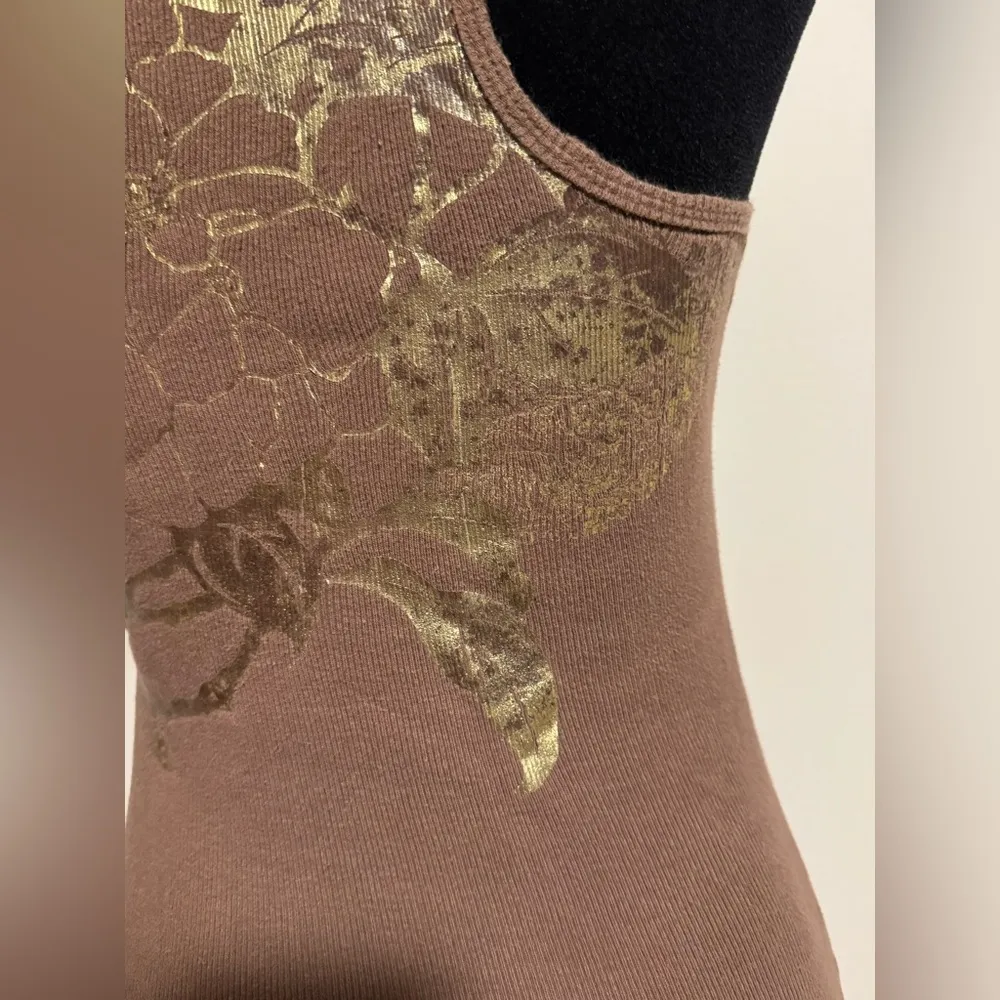 Preloved Bisou Bisou Brown and Gold Floral Design Tank Top size small - Image 10
