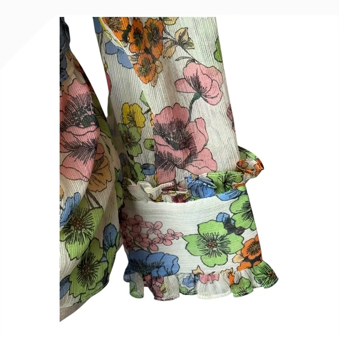 Alexis Shirt Women Medium White Floral Sheer Long Sleeve Missie Wrap Top‎ Boho - Image 5