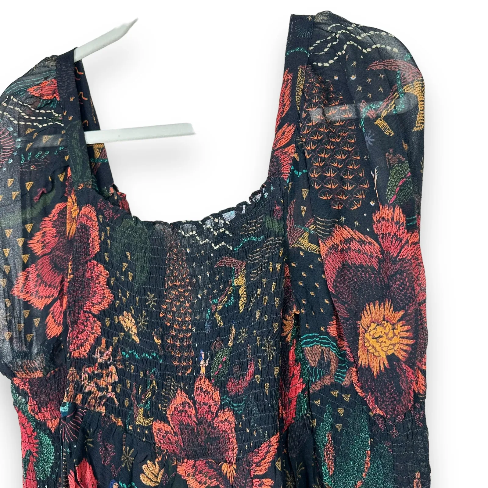 FARM Rio NWT Black River Creatures Smocked Floral Chiffon Sheer Blouse XS - Image 4