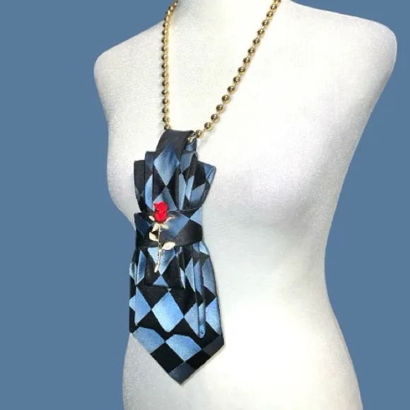 “Dainty Dapper”Blue and dark blue necktie Necklace with Rose Accent brooch - Image 3