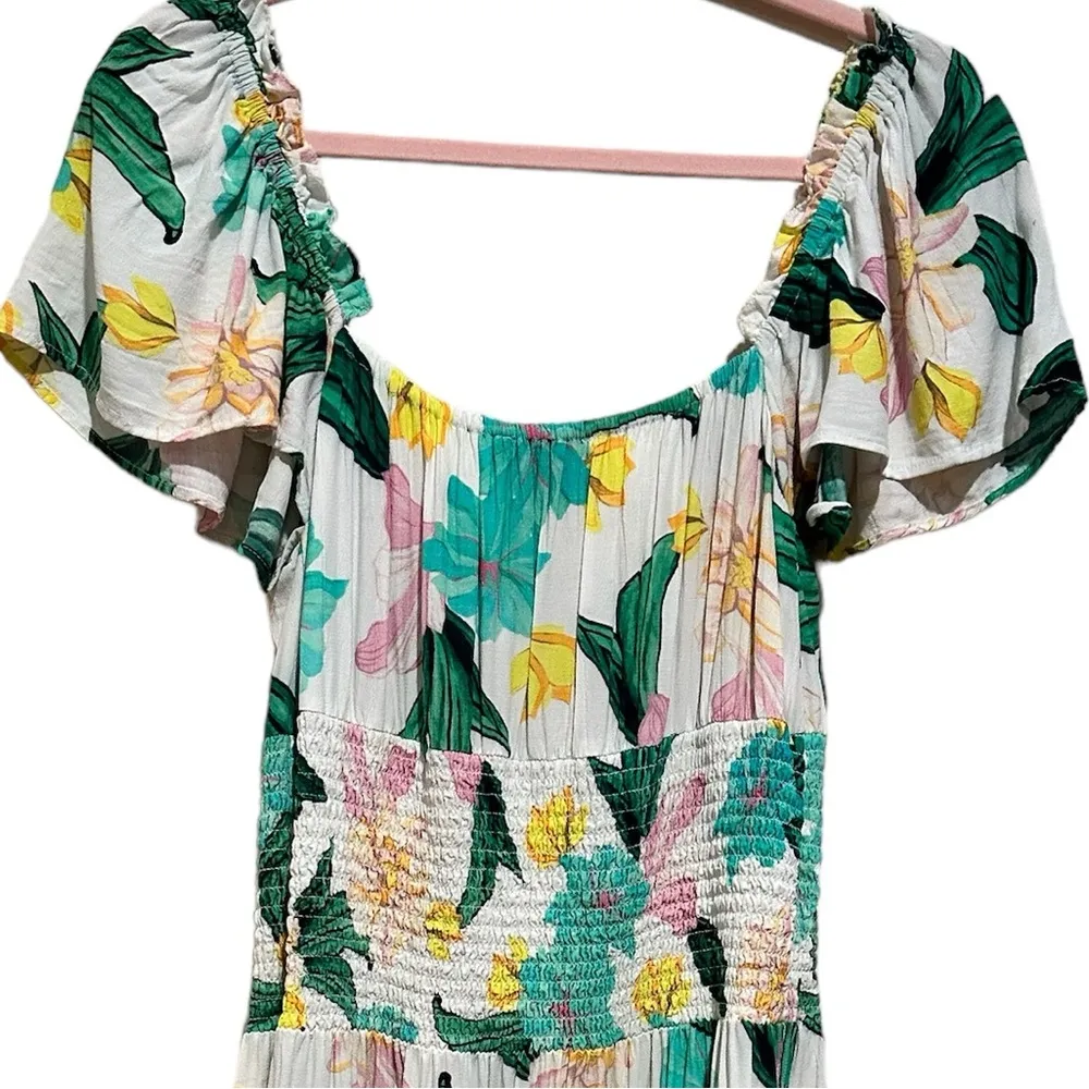 CLEOBELLA ANTHRO SHORT FLUTTER FLOUNCE SLEEVE SMOCKED WAIST Green print DRESS M - Image 8