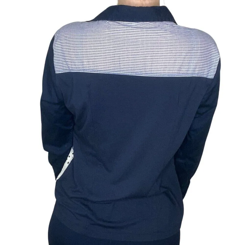 Cottagecore Blue Patchwork Eyelet Floral Striped Button - Image 2