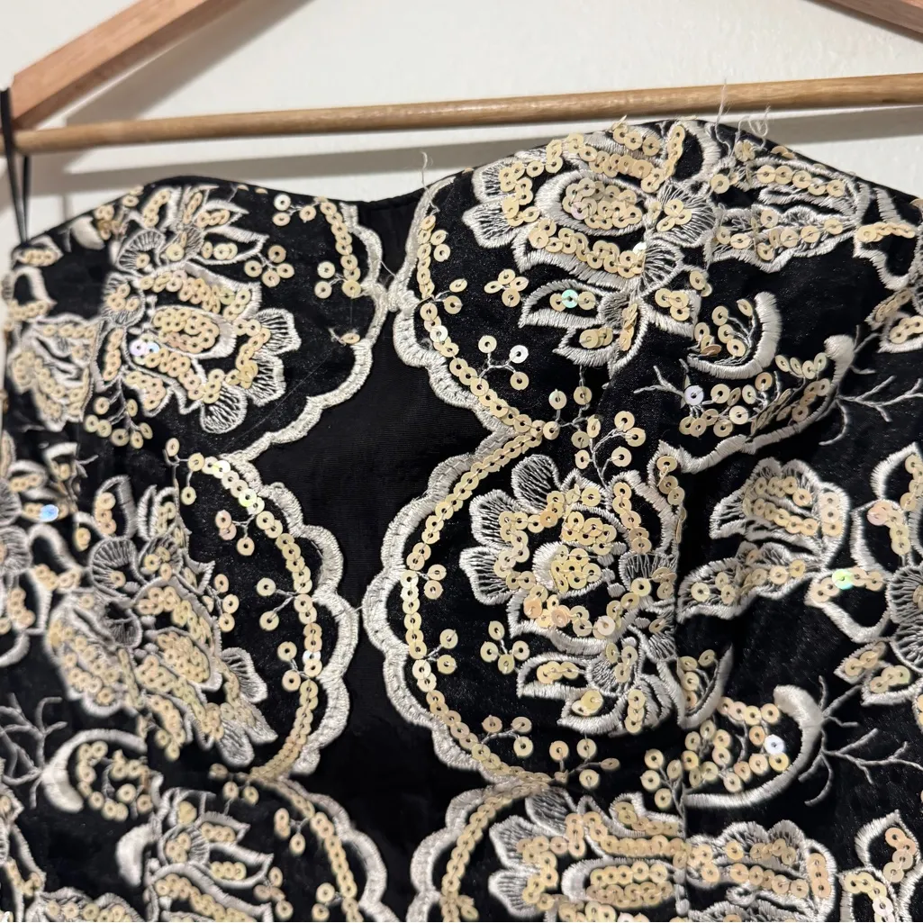 GUNNE SAX Vintage Dress Black Sequin Corset Strapless Gown Embellishment Small - Image 5