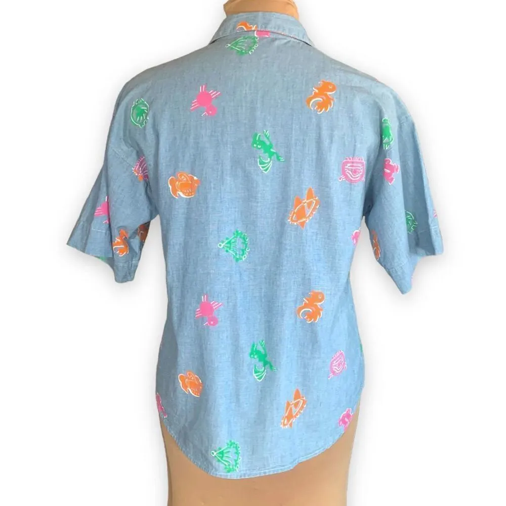 Vintage 80s Diane Von Furstenberg Shirt Chambray Vibrant Southwest Abstract Art - Image 4
