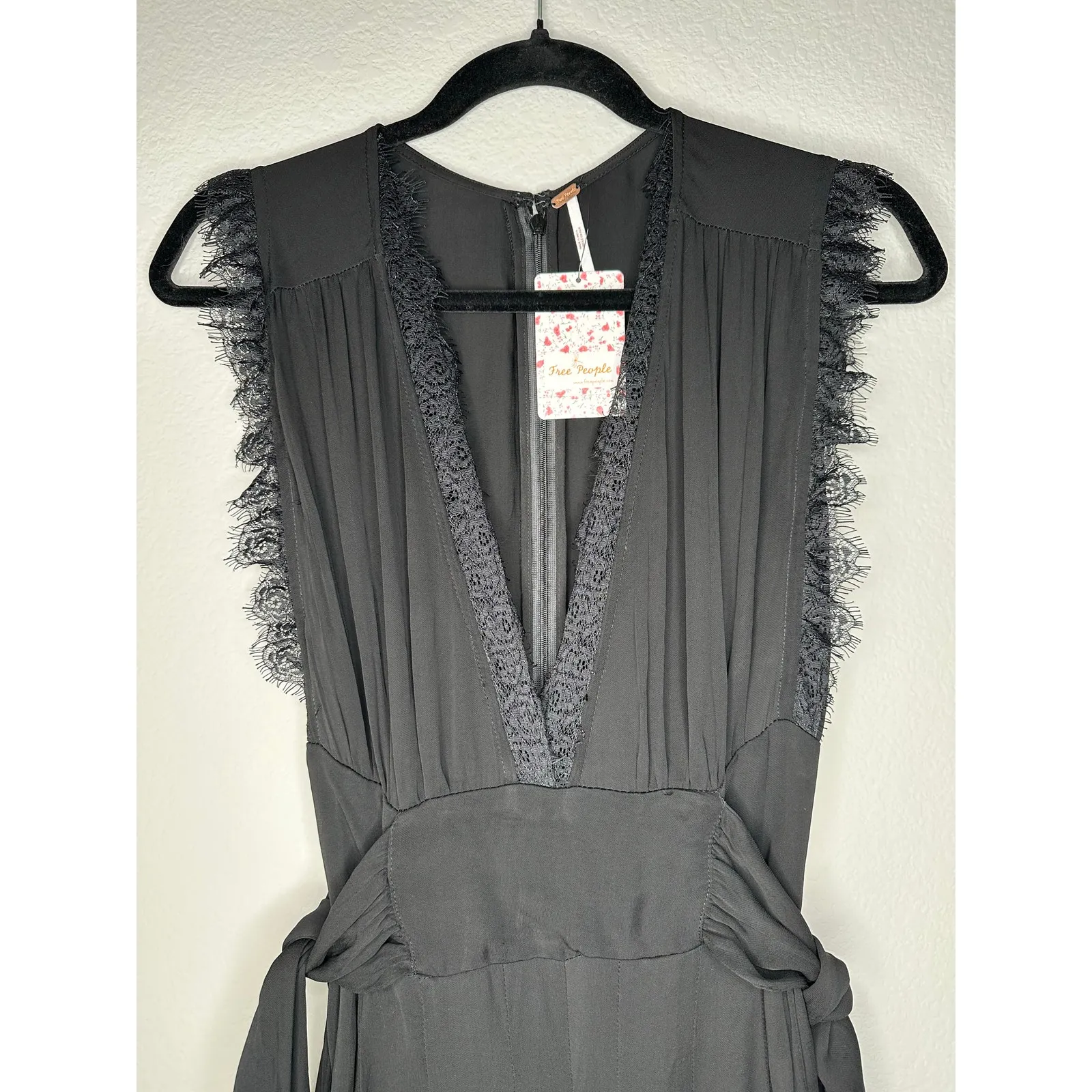 FREE PEOPLE CEM Black Sleeveless Lace Trim Deep V Cinch Waist Wide Leg Jumpsuit - Image 9