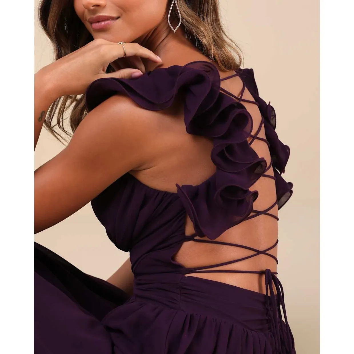 Lulus NWT Soiree Celebration Purple Ruffled Lace-Up Chiffon Maxi Dress Small - Image 6