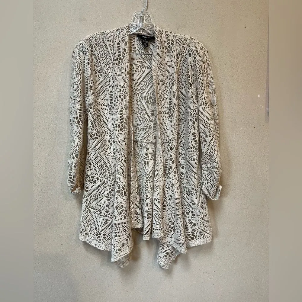 Style & Co. Cream Crochet Open Front Cardigan Small - Image 2