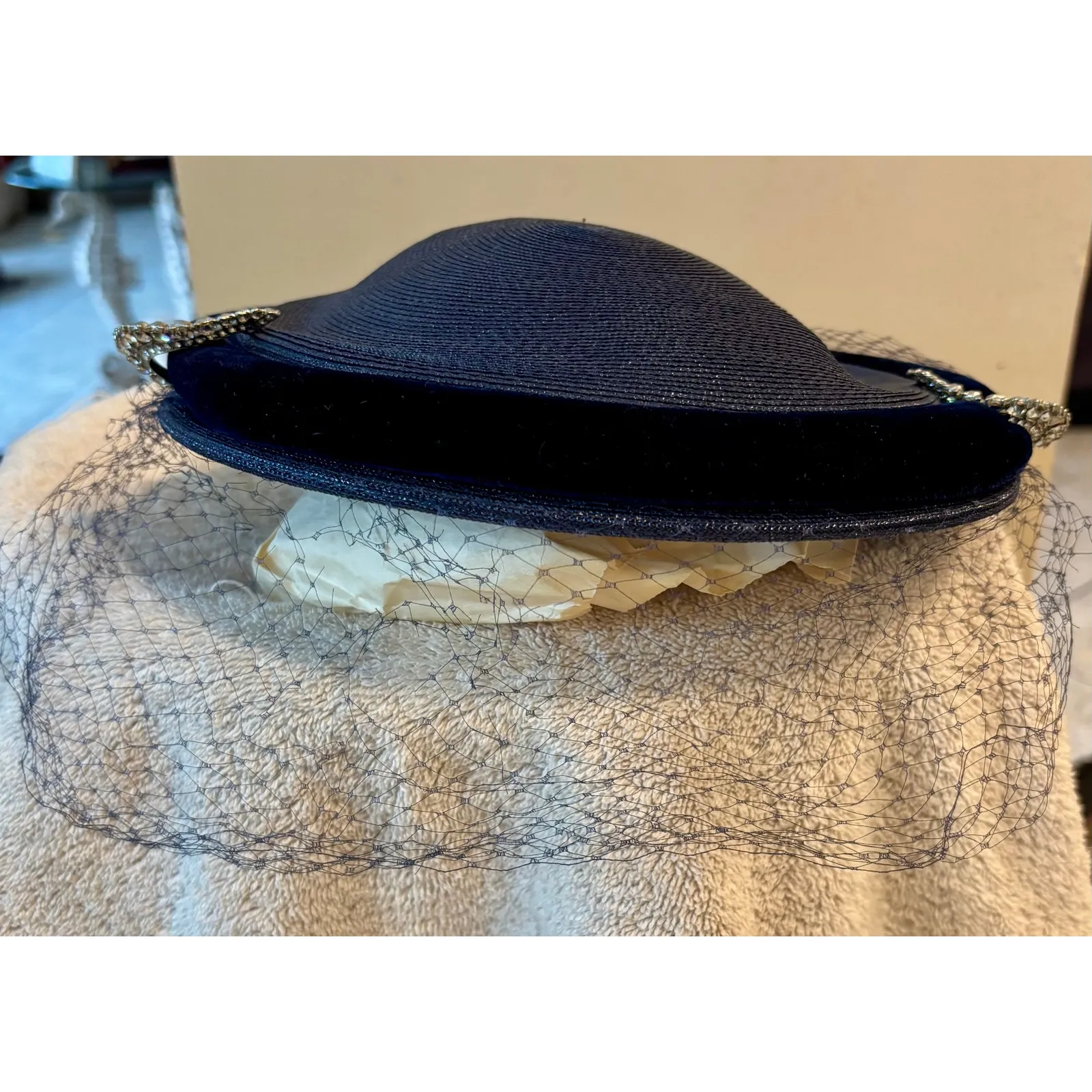 Vintage Navy Blue Straw Velvet Hat Studio Style Caspar Davis of Hollywood 1950's - Image 2