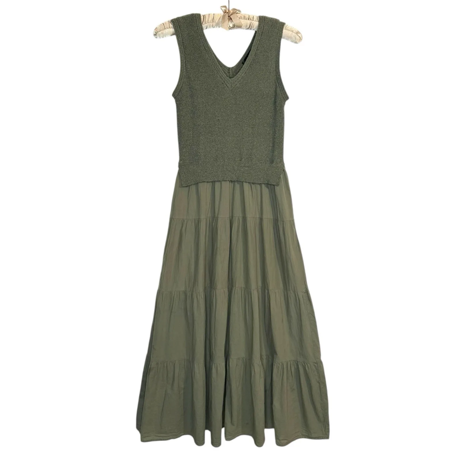 90s‎ Y2K Sweater Midi Dress L Tiered Mixed Media Olive Green Knit Cottagecore - Image 3