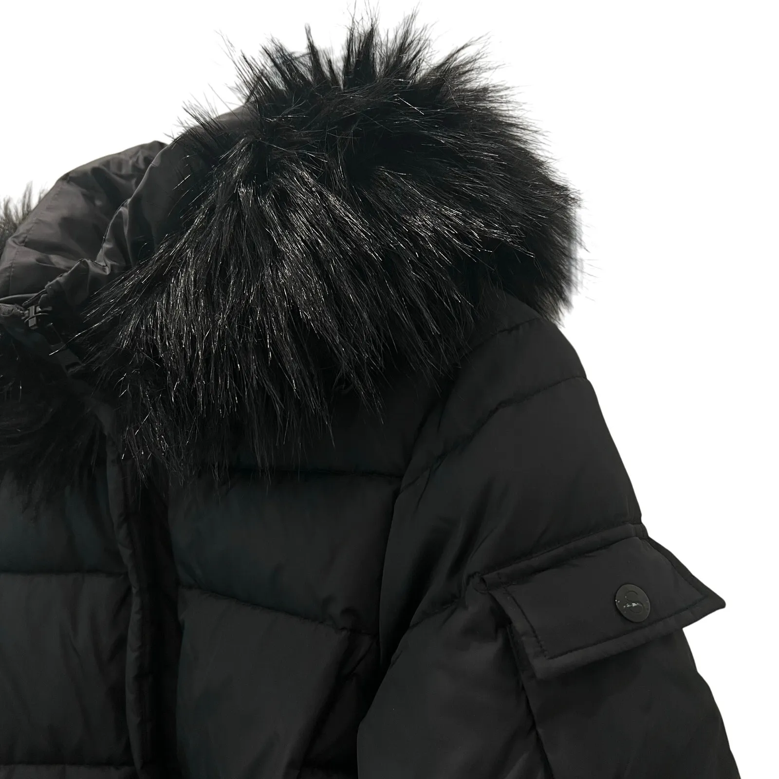 S13 New York Chalet Puffer Winter Coat Size Medium Faux Fur Trim Hood Black - Image 8