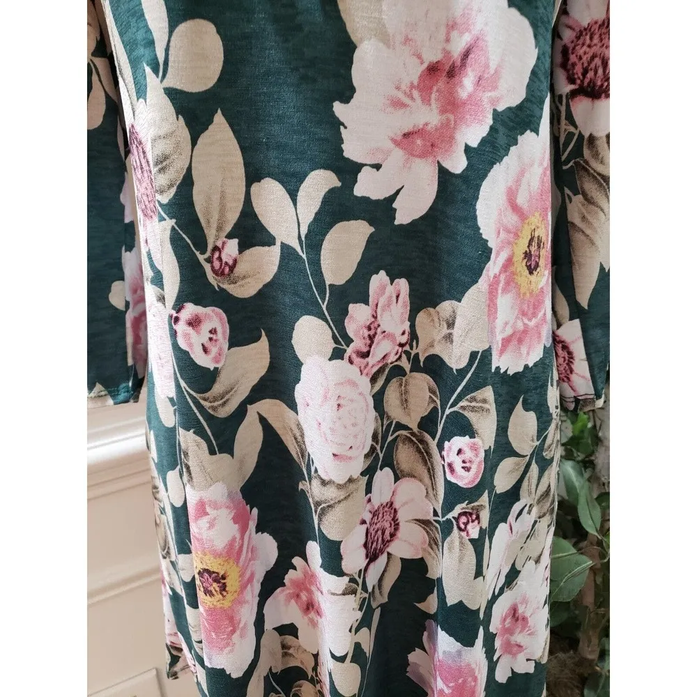 Women's Multicolor Floral Round Neck Casual Long Sleeve Knee Length Dress Medium - Image 3