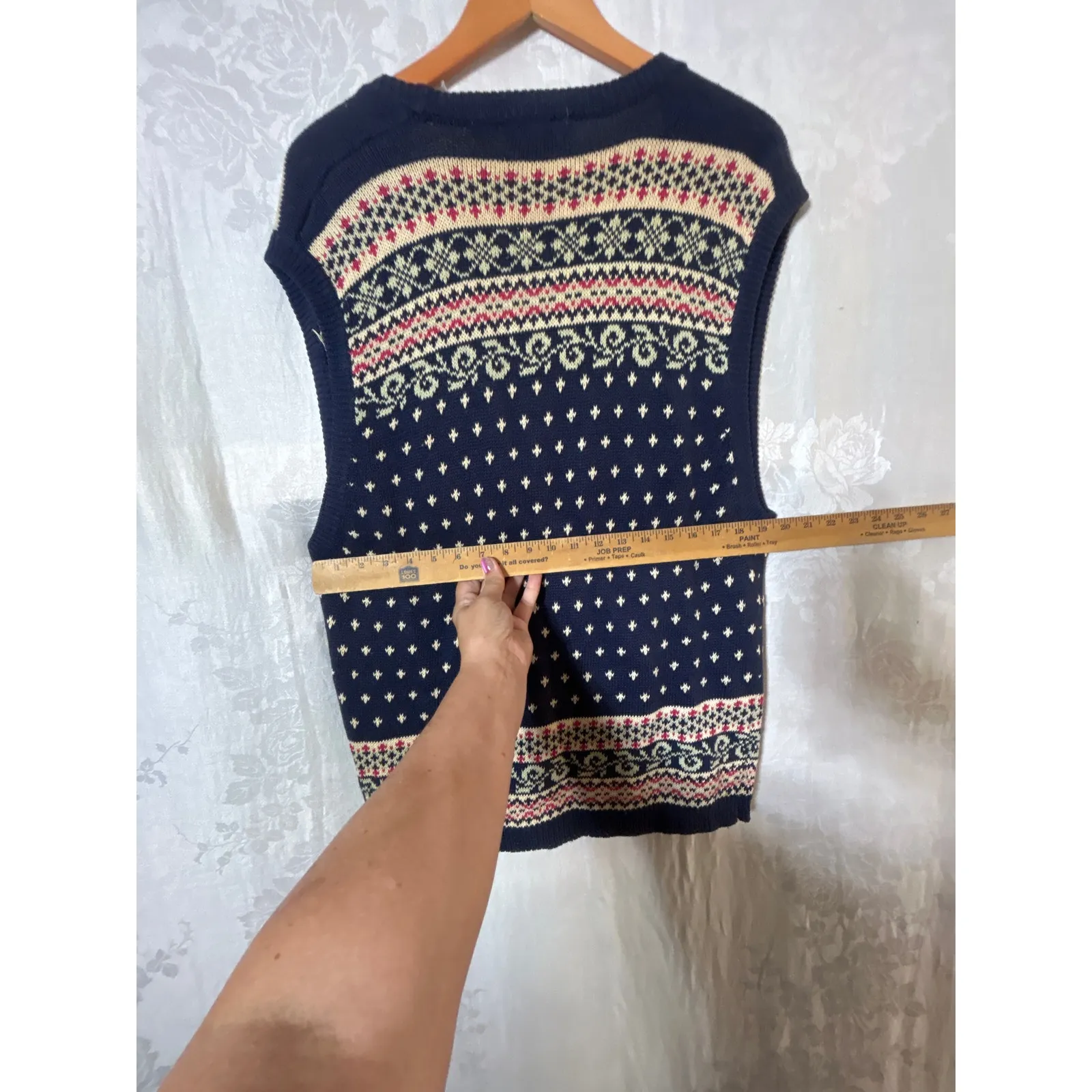 Vintage Cardigan Sweater Vest Medium Navy Blue Cream Pink Nordic Winter - Image 7