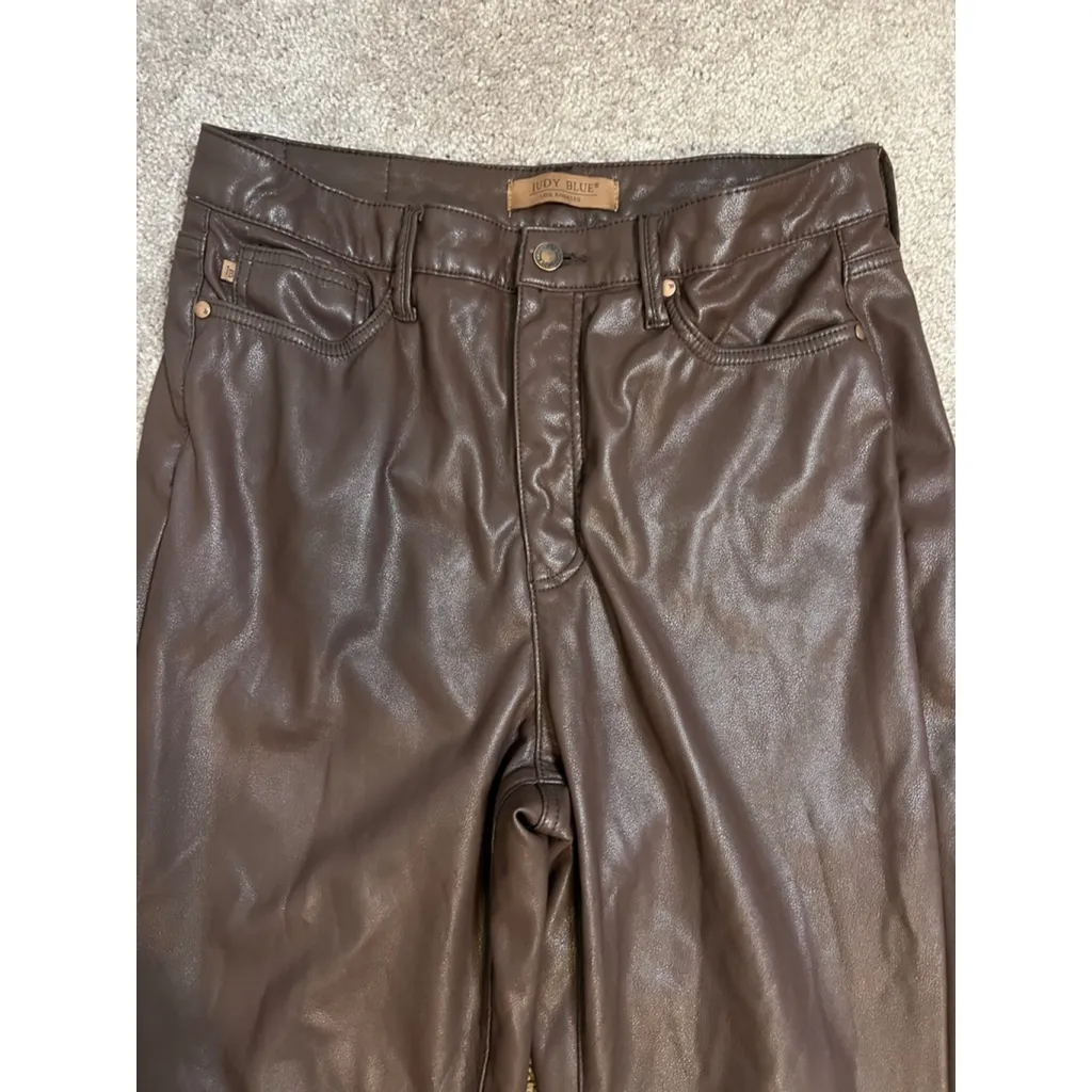 Women's Judy Blue Brown Faux Leather Straight Leg Pants Size 13 - Image 2