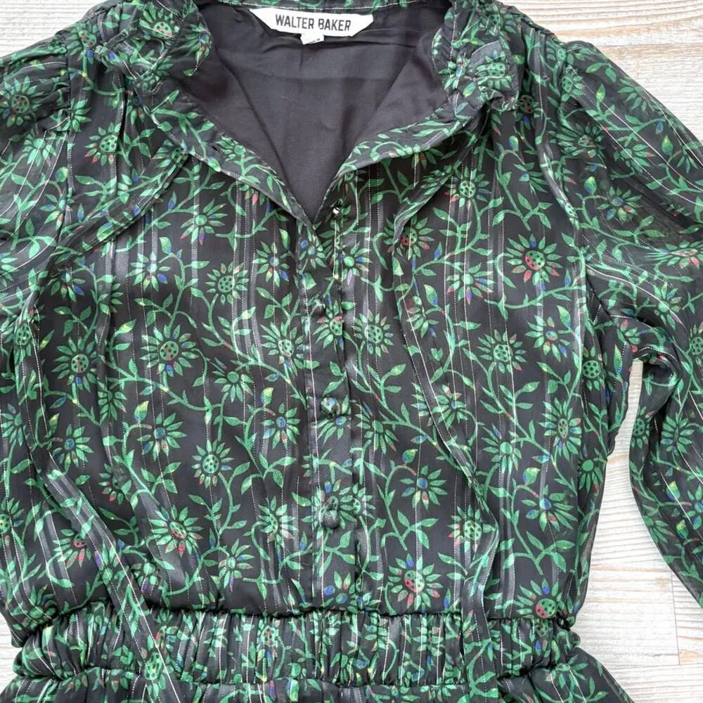 Walter Baker Tezza Gathered Floral Metallic Chiffon Mini Dress In Forest Tulip 0 - Image 3