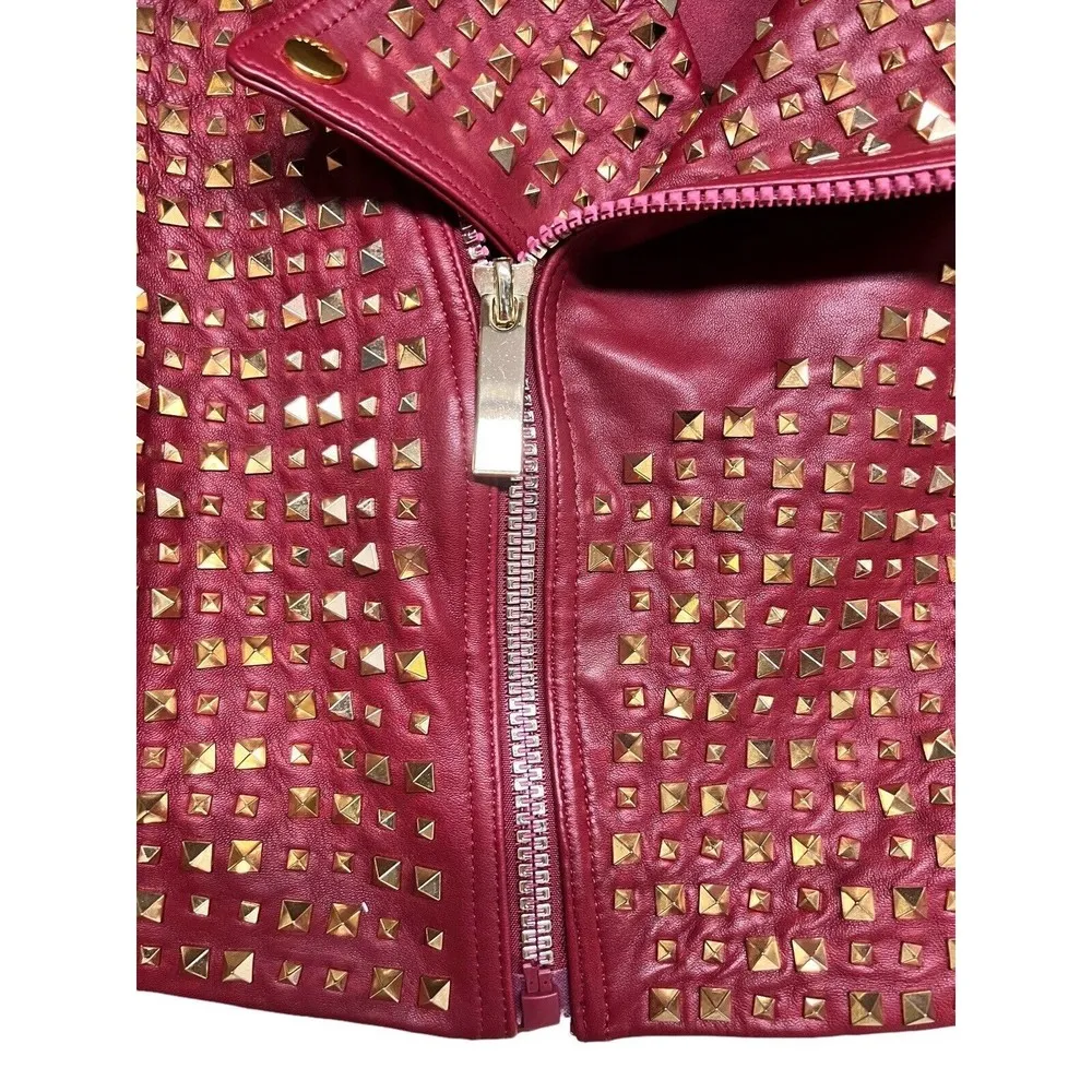 Alice + Olivia Krishna Leather Cropped Moto Jacket Bordeaux Women’s Size XL - Image 6