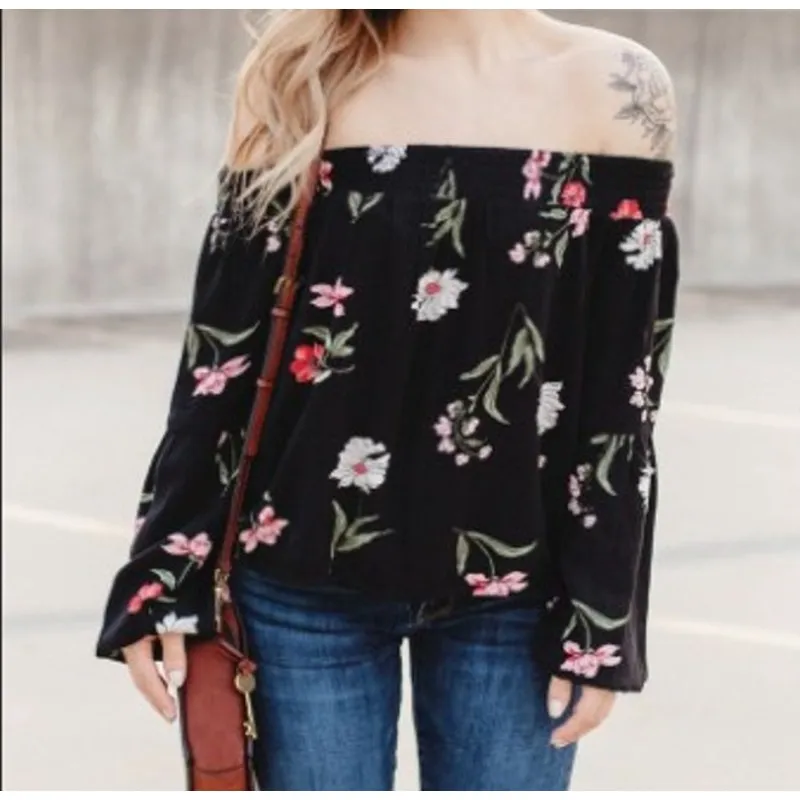 Hollister Floral Off the Shoulder Sz‎ Med Bell Sleeves Crop Boho Peasant Y2K Top - Image 2