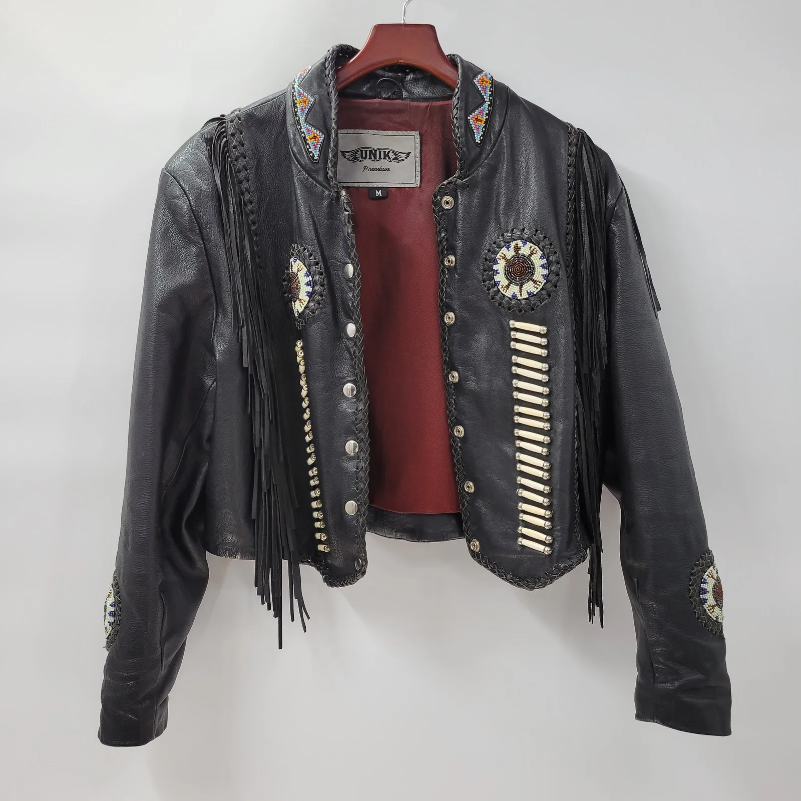 VTG Unik Leather Motorcycle Jacket Womens M Black Fringe Beaded Cropped Snaps Size M - Image 4