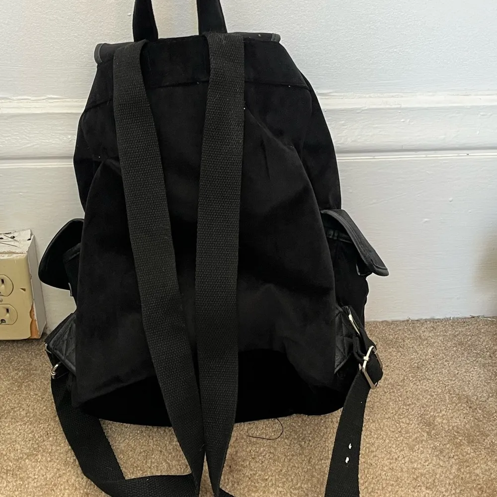 Women’s soft crushed black velvet faux leather snap button sling backpack - Image 2