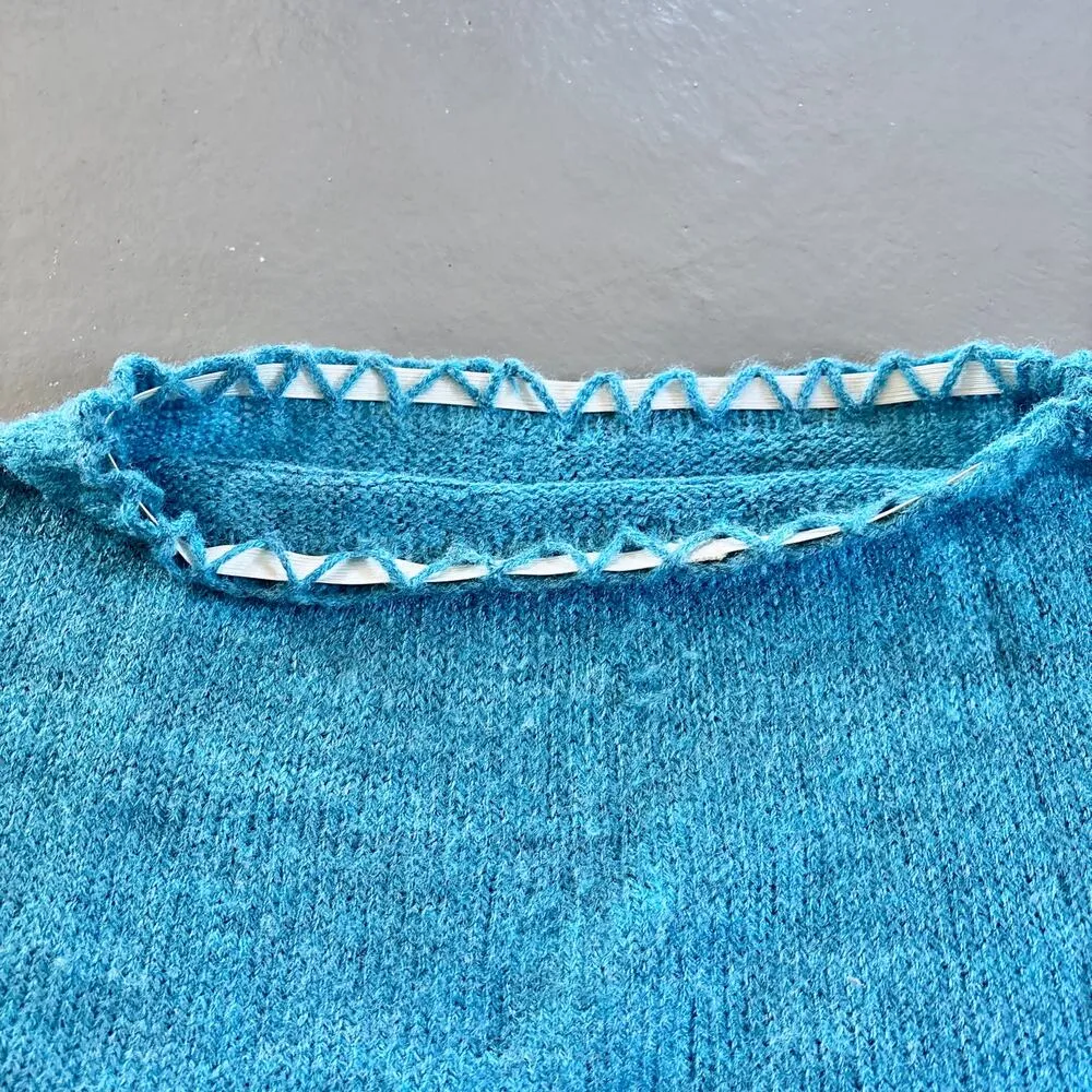 Vintage Hand Knit Cardigan and Skirt Teal Blue Green Set Medium - Image 9