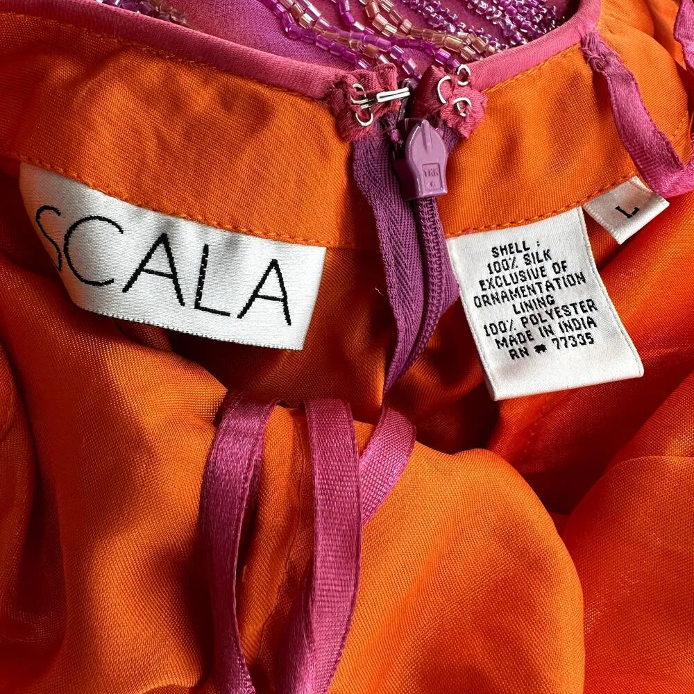 Scala Beaded Long Maxi Dress V Neck Side Slit Padded 100% Silk Pink Orange L NWT - Image 5