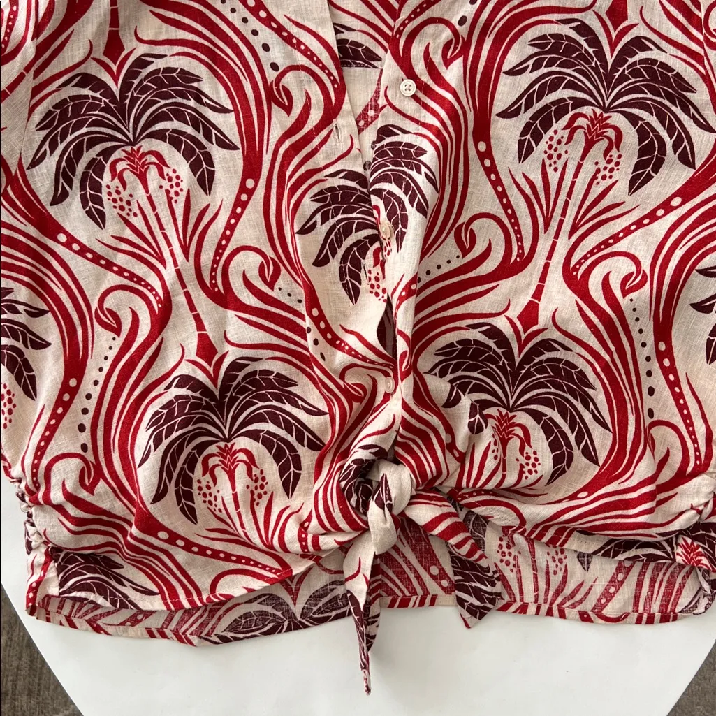 Nicole Miller 100% Linen Red & Cream Tie Front Button Down Long Sleeve Blouse M - Image 3