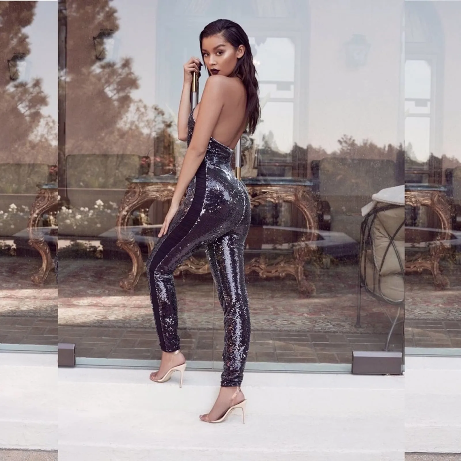 NWT House of CB Reia black white sequins halter jumpsuit - Image 12