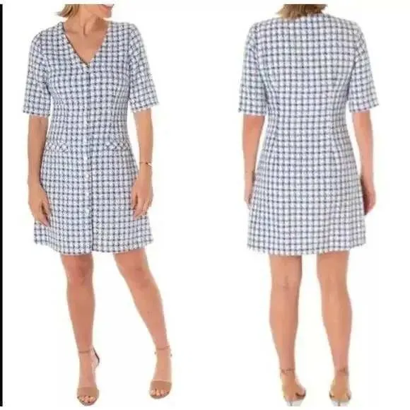 Melonie Women's Blue White Gingham Tweed Button Country Club Preppy Mini Dress 6 - Image 2