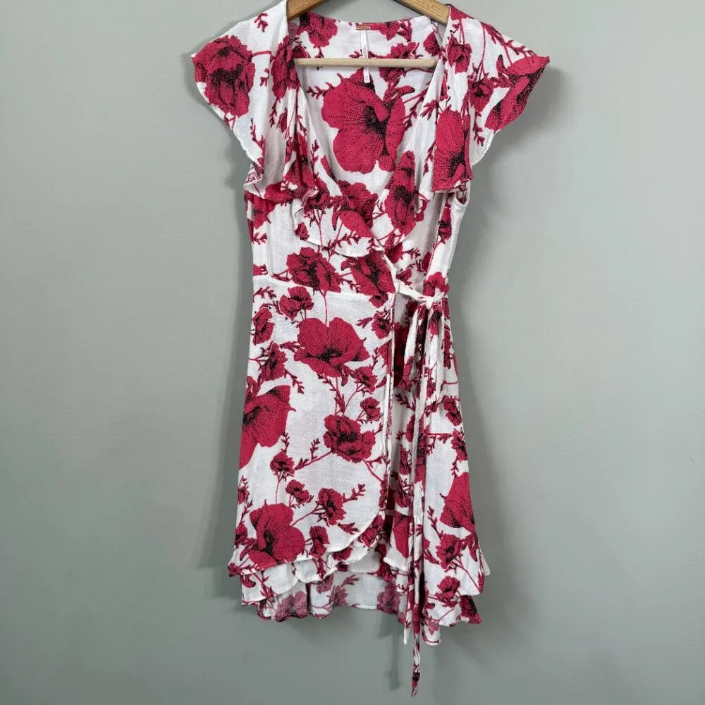 Free People French Quarter Floral Wrap Mini Dress Women's XS White Pink Ruffles - Image 7