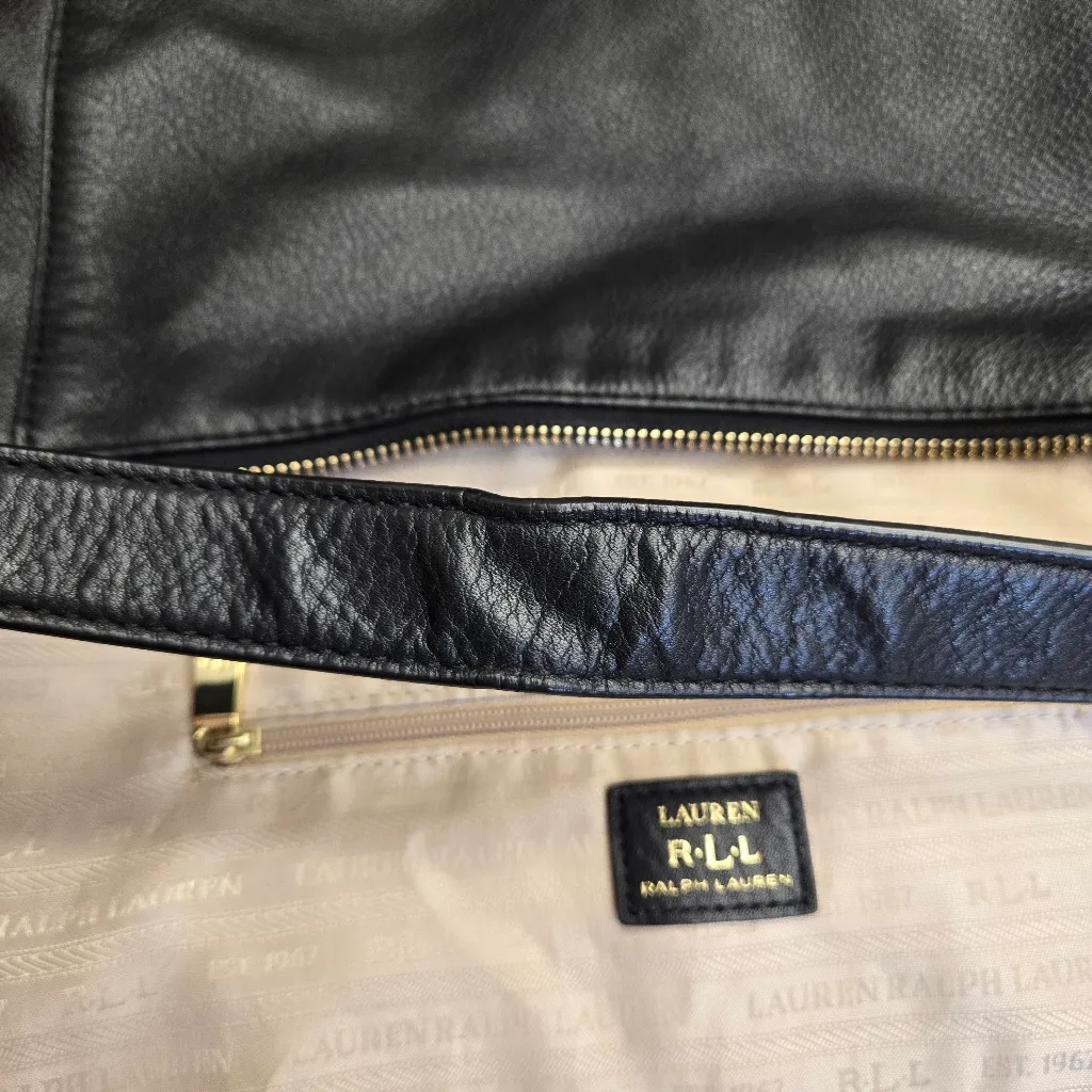 Lauren Ralph Lauren Black Pebbled Leather Hobo Shoulder Bag Purse - Image 11