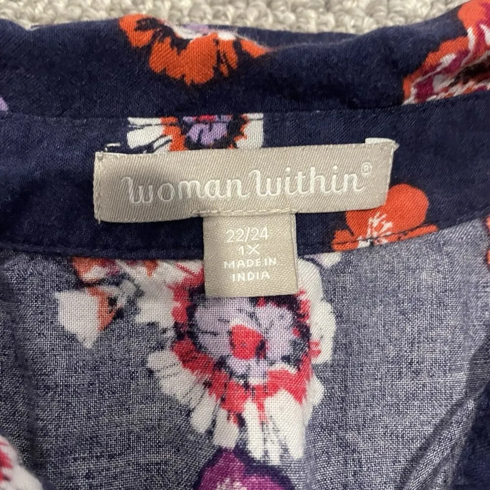 WOMAN WITHIN Shirt Womens Sz 1X Plus Button Up Floral Navy Blue Red Blouse Rayon - Image 2