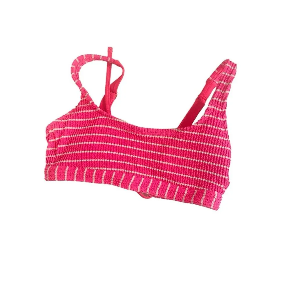 S Neon Pink white stripes bikini swim top lace up back - Image 2