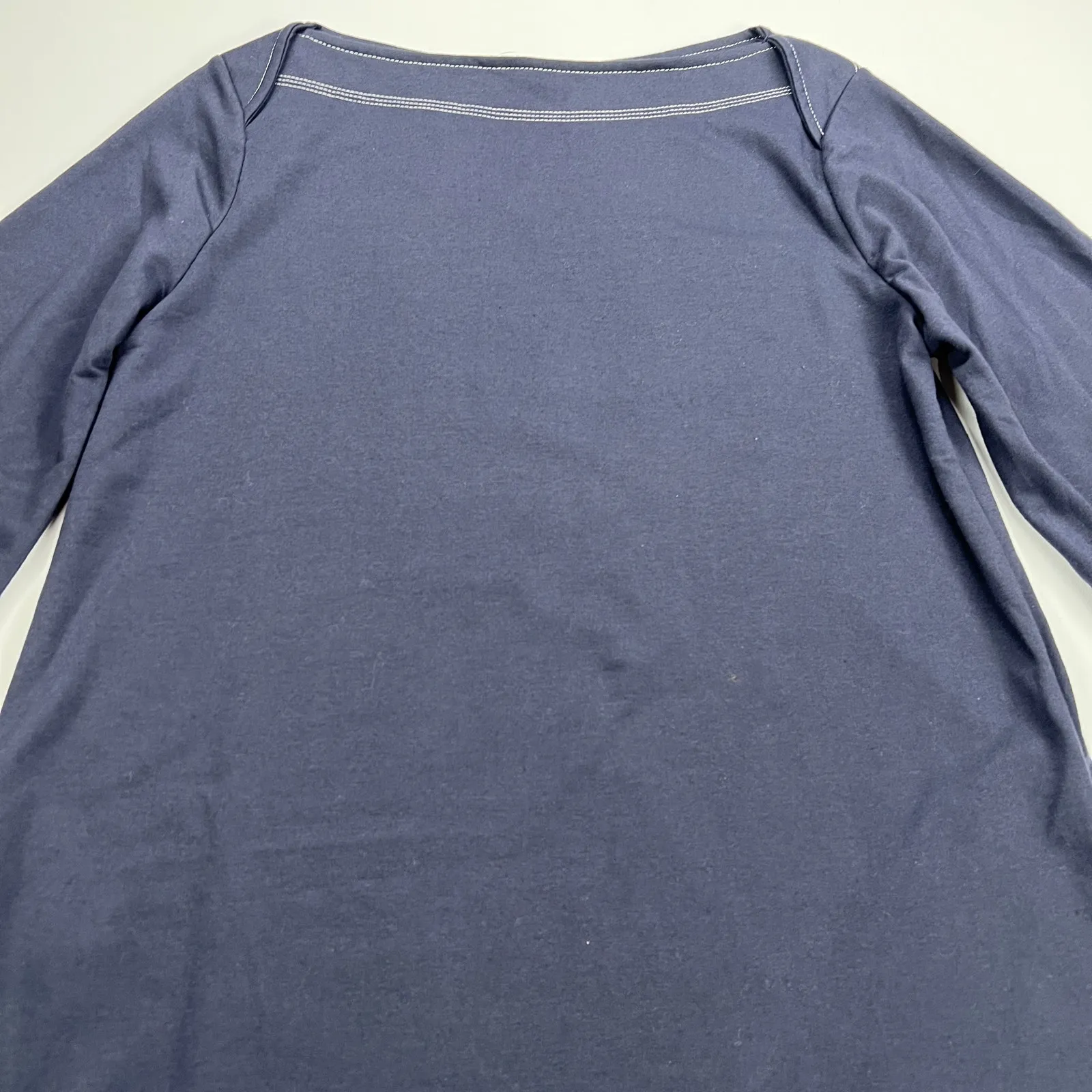 Suzanne Betro Navy Contrast Stitch Boat Neck Flare Sleeve Shift Dress Size M - Image 9