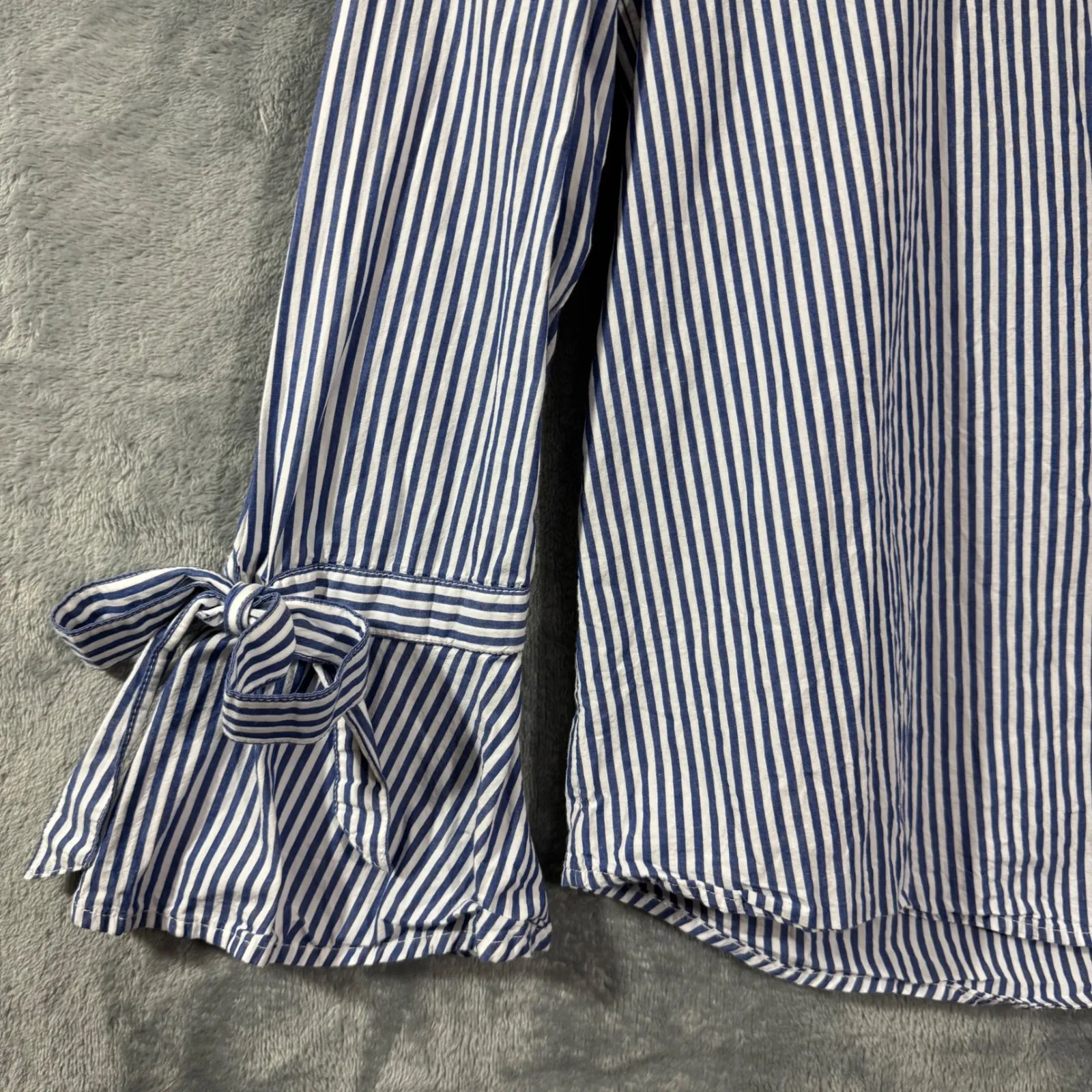 Esprit Blue White Stripe Button Up Shirt Bell Sleeve Tie Cuff Women Size 6 - Image 6