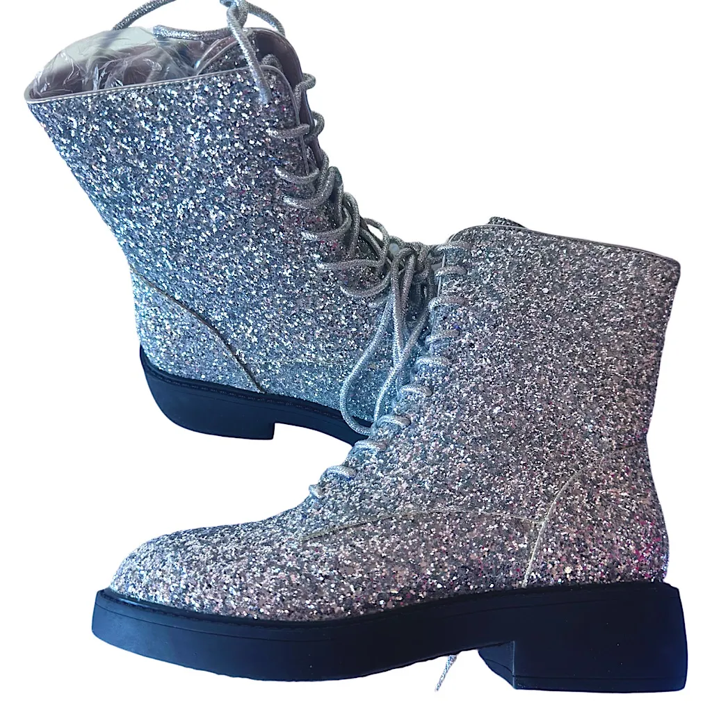 NWT Lace Up Glitter Sequin Combat Boots - Image 3