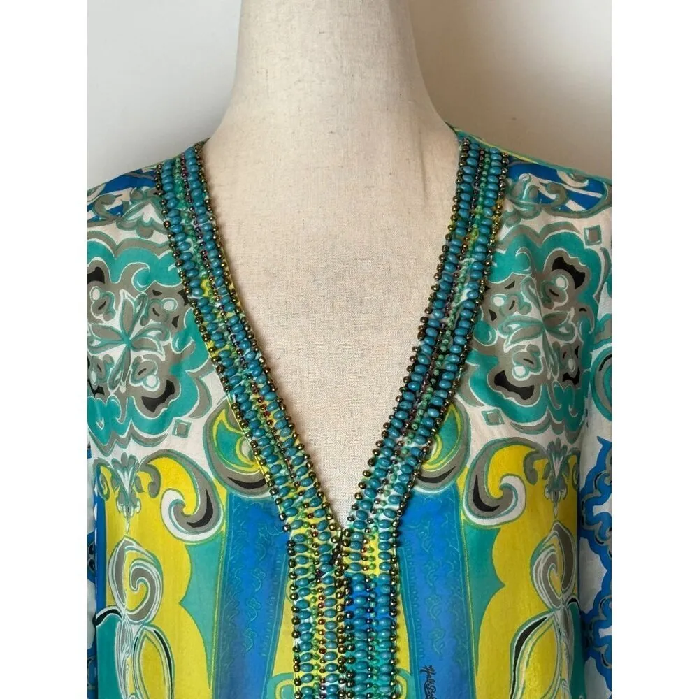 Hale Bob Shirt Women Small Green Blue Silk Beaded V‎ Neck Ruched Sleeve Blouse - Image 7