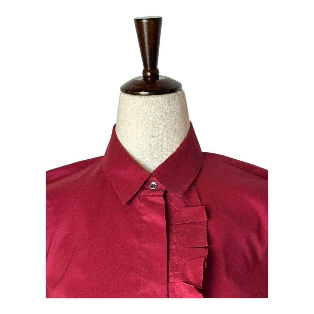 Hugo Boss‎ Shirt Women 4 Red Cap Sleeve Ruffle Front Button Down Preppy Luxury - Image 4