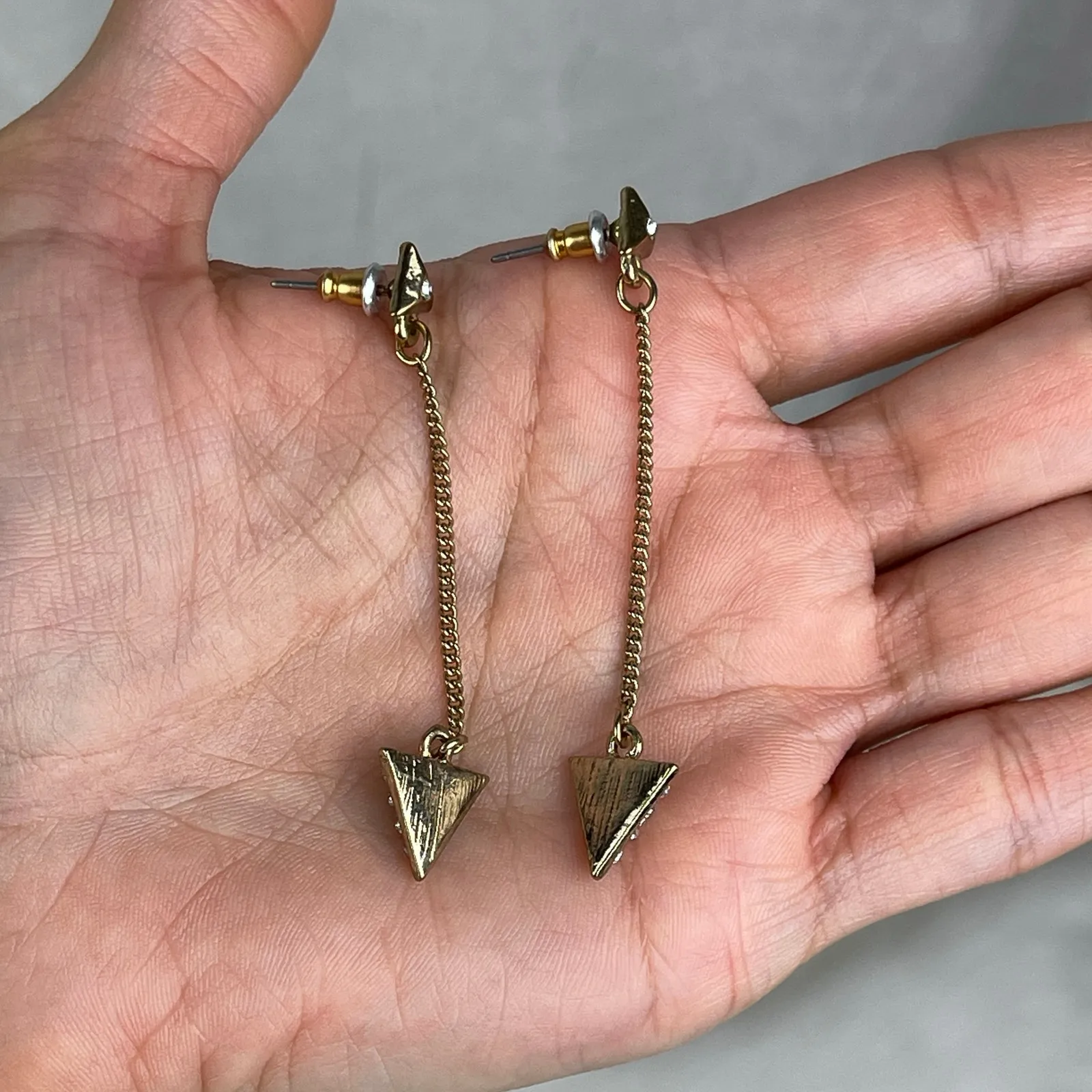 Dainty Gold Tone Rhinestone Arrow Dangle Earrings Triangle Boho Festival Jewelry - Image 14