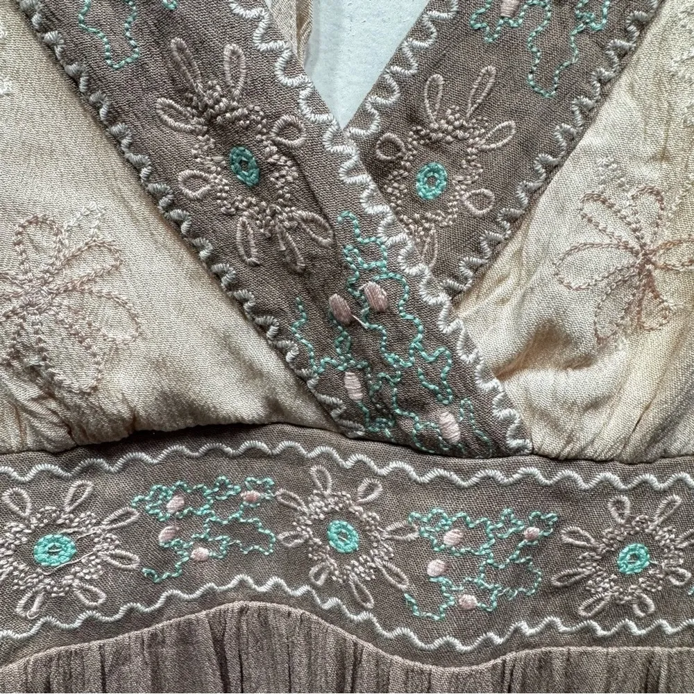 Soiéblu Beige & Taupe Sleeveless Boho Hippie Maxi Dress Embroidered High Waist - Image 8