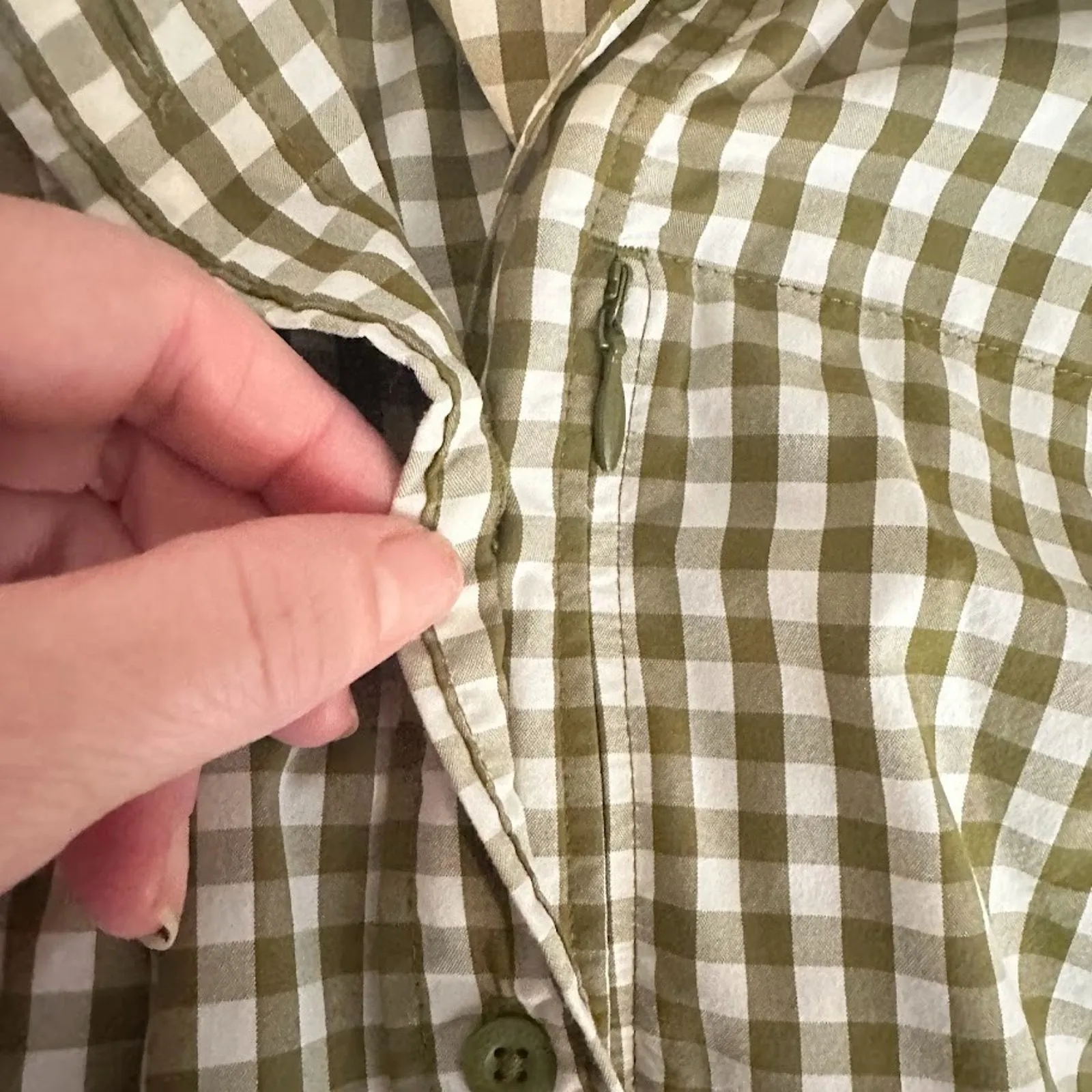 North Face Green Gingham Plaid Side Cinch Button Up Nylon Shirt Short Sleeve S - Image 13