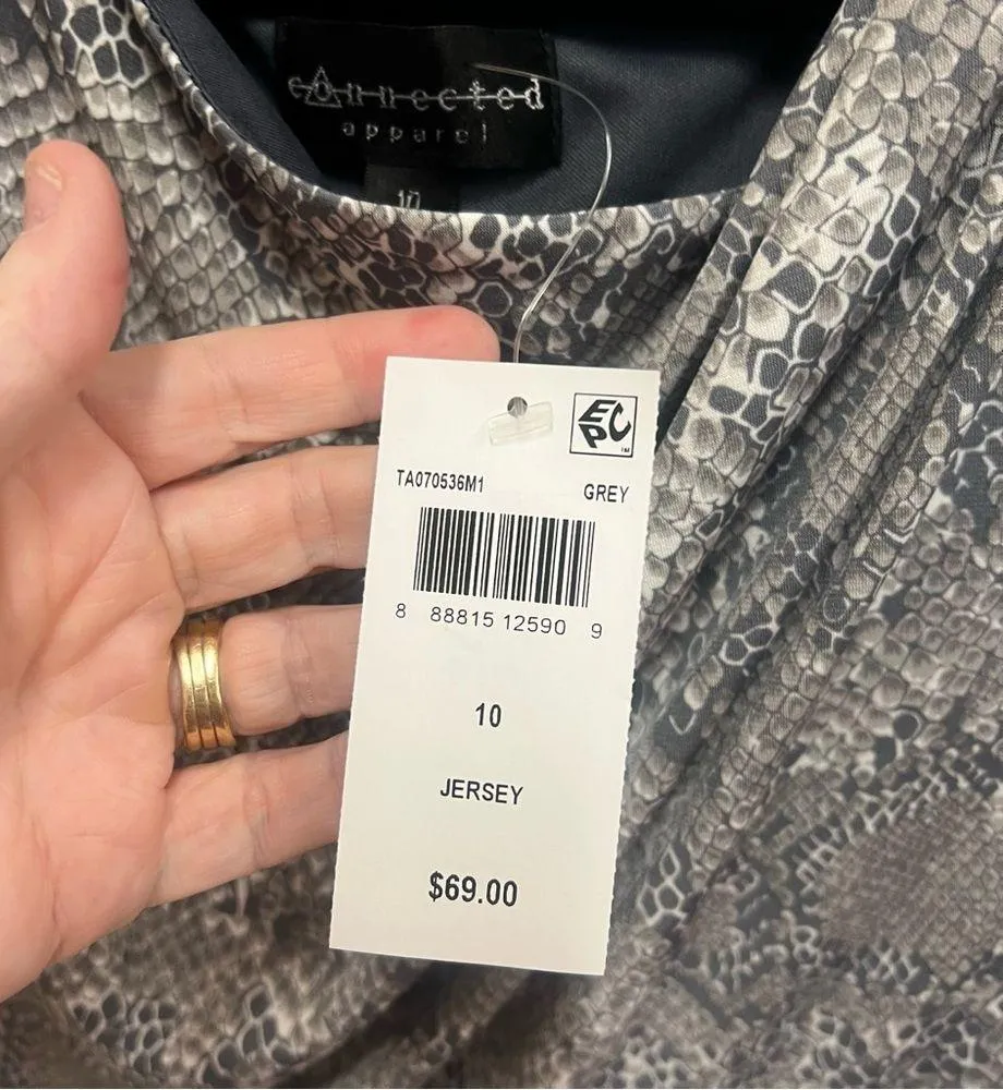 NWT Connected Apparel grey snake skin print faux wrap drape neck dress size 10 - Image 4