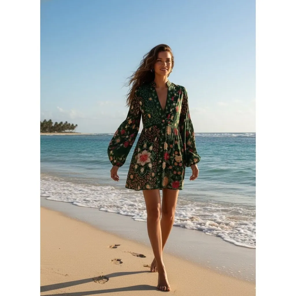 NWT Farm Rio Pineapple Garden in Green Long Puff Sleeve Mini Shirt Dress XS - Image 8