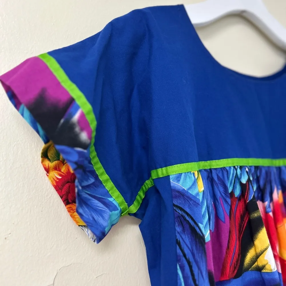 Tropical Parrot Print MuMu Kaftan Dress Tiki Bird‎ size Medium Blue - Image 5
